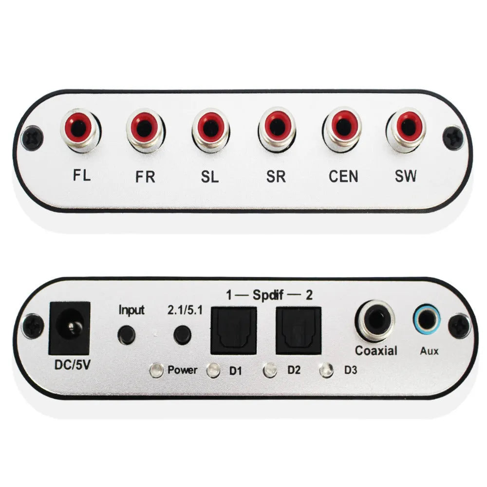 Black DTS Dolby AC-3 digital audio decoder with optical coaxial inputs for 5.1 channel conversion
