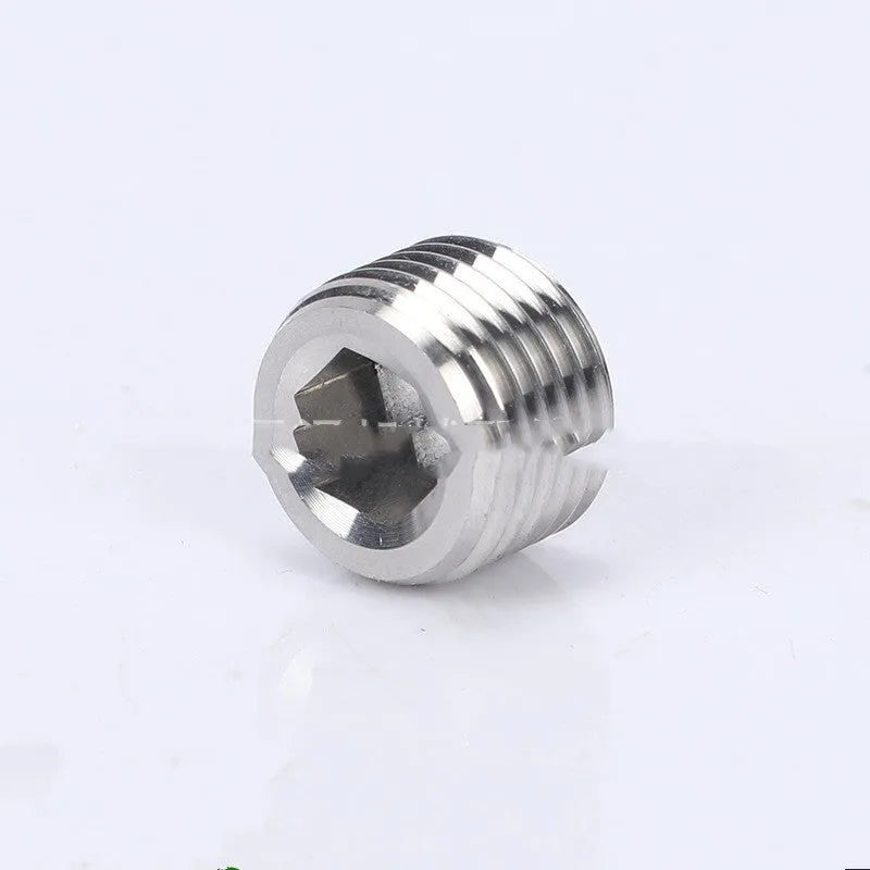 Stainless steel hexagonal plug with brass washer for 3/8 inch BSPP thread bulkhead fitting.