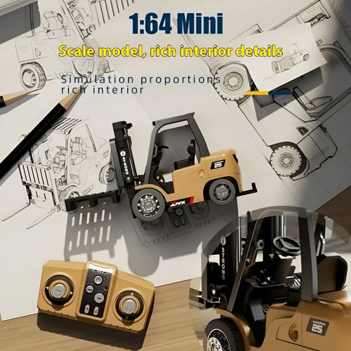 1:64 scale alloy remote control forklift with cargo forks and pallet on wooden surface