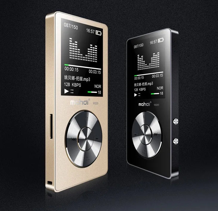 Gold metal MP3 music player with 1.8-inch screen showing menu, placed on a dark surface.
