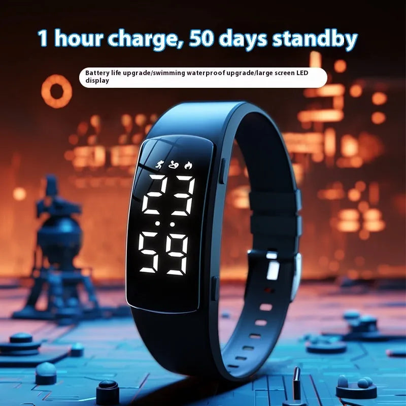 Vibration alarm smart watch with LED display on a silicone strap, shown in a choice of colours.