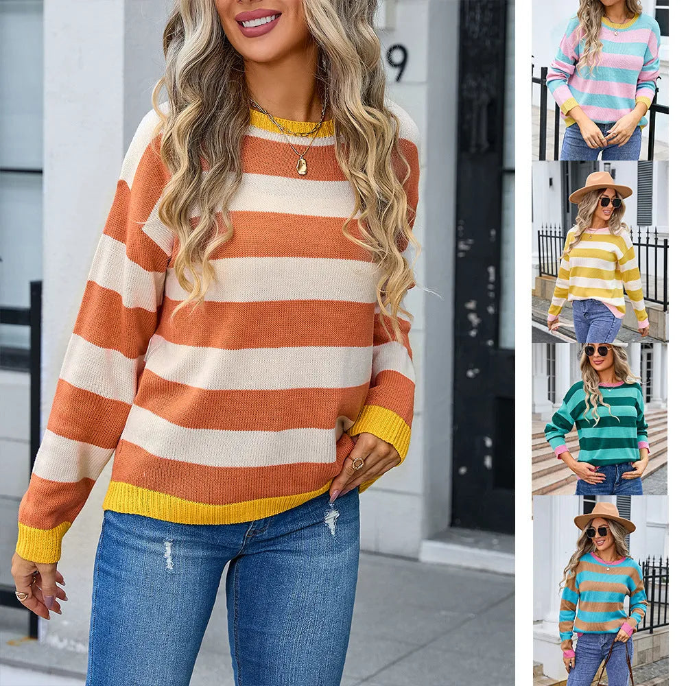 Women's loose fit acrylic flower pattern long sleeve sweater in blue colour with round neckline