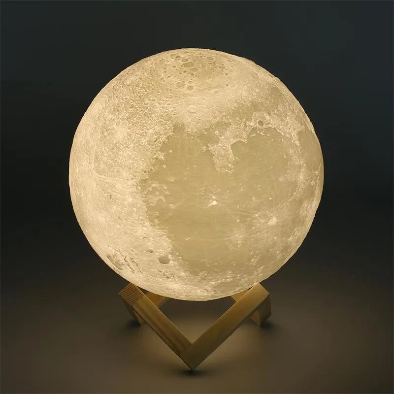 3D printed white moon lamp on wooden stand with touch metal ring at base