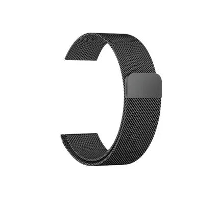 Stainless steel metal watch strap replacement band in silver, black, gold, and rose gold colours.