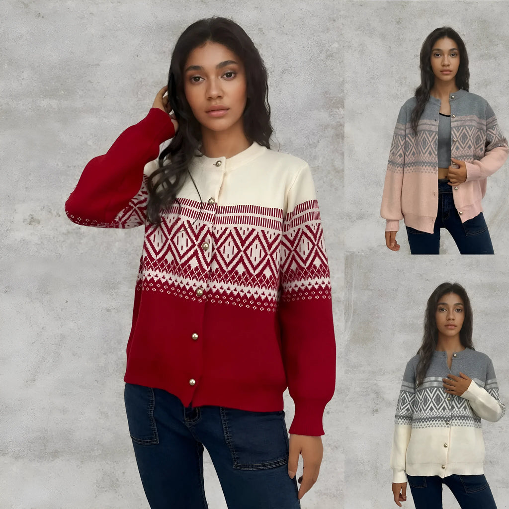Woman wearing a grey alpaca wool cardigan with a long sleeve diamond pattern in a contrast colour.