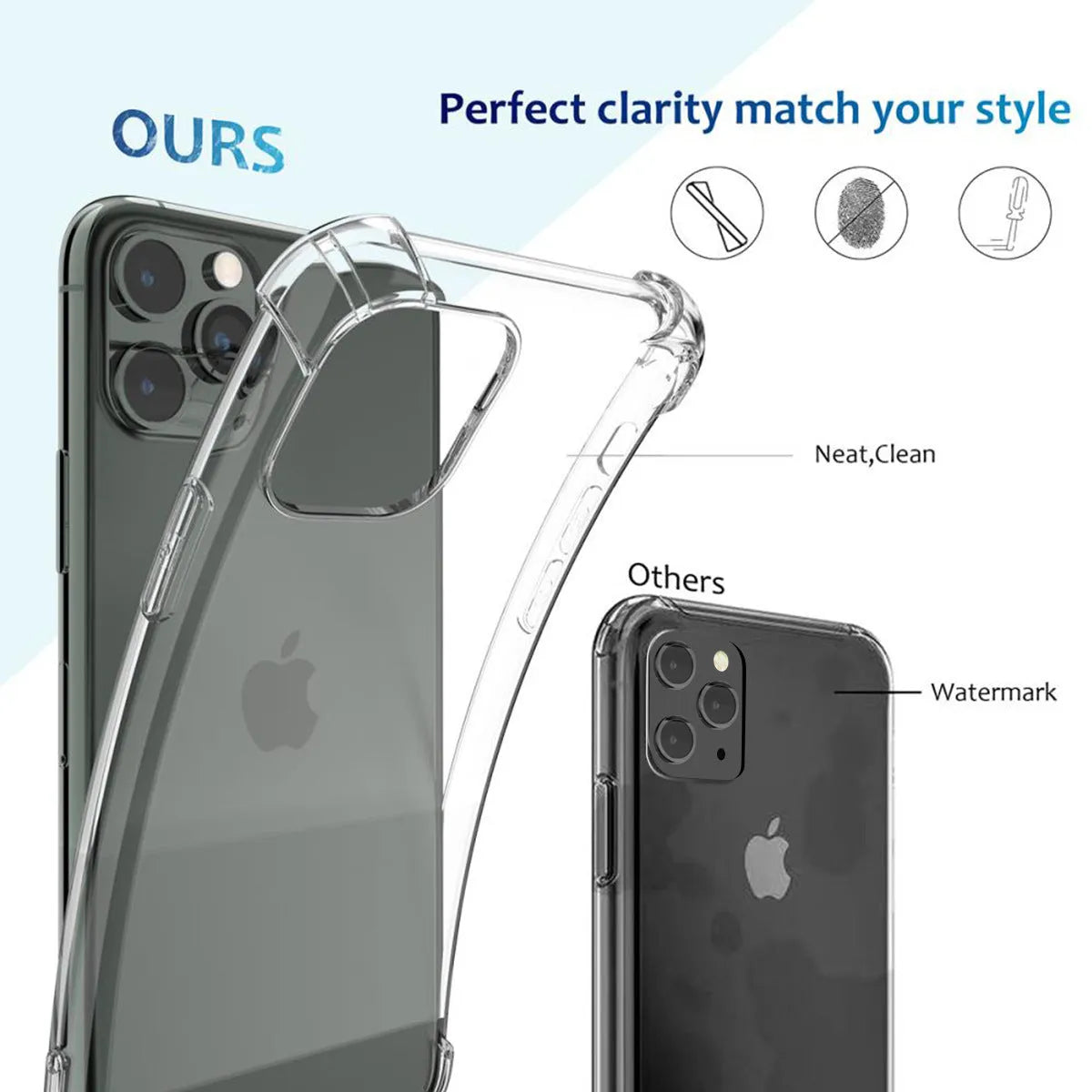 Transparent shockproof TPU phone case for Apple iPhone models showing clear back and sides.
