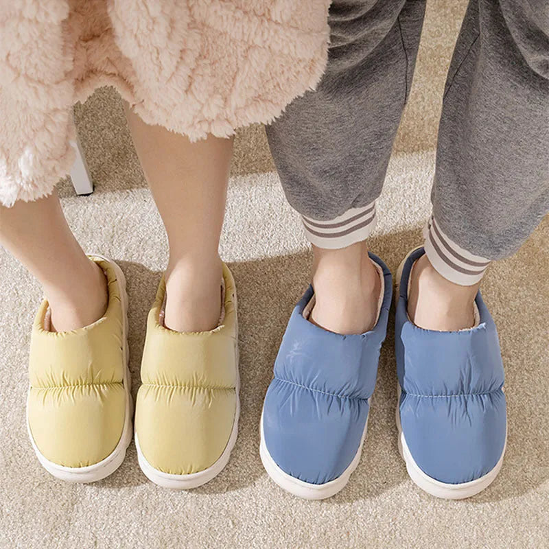 Blue plush indoor slippers with thick rubber sole and artificial fur lining
