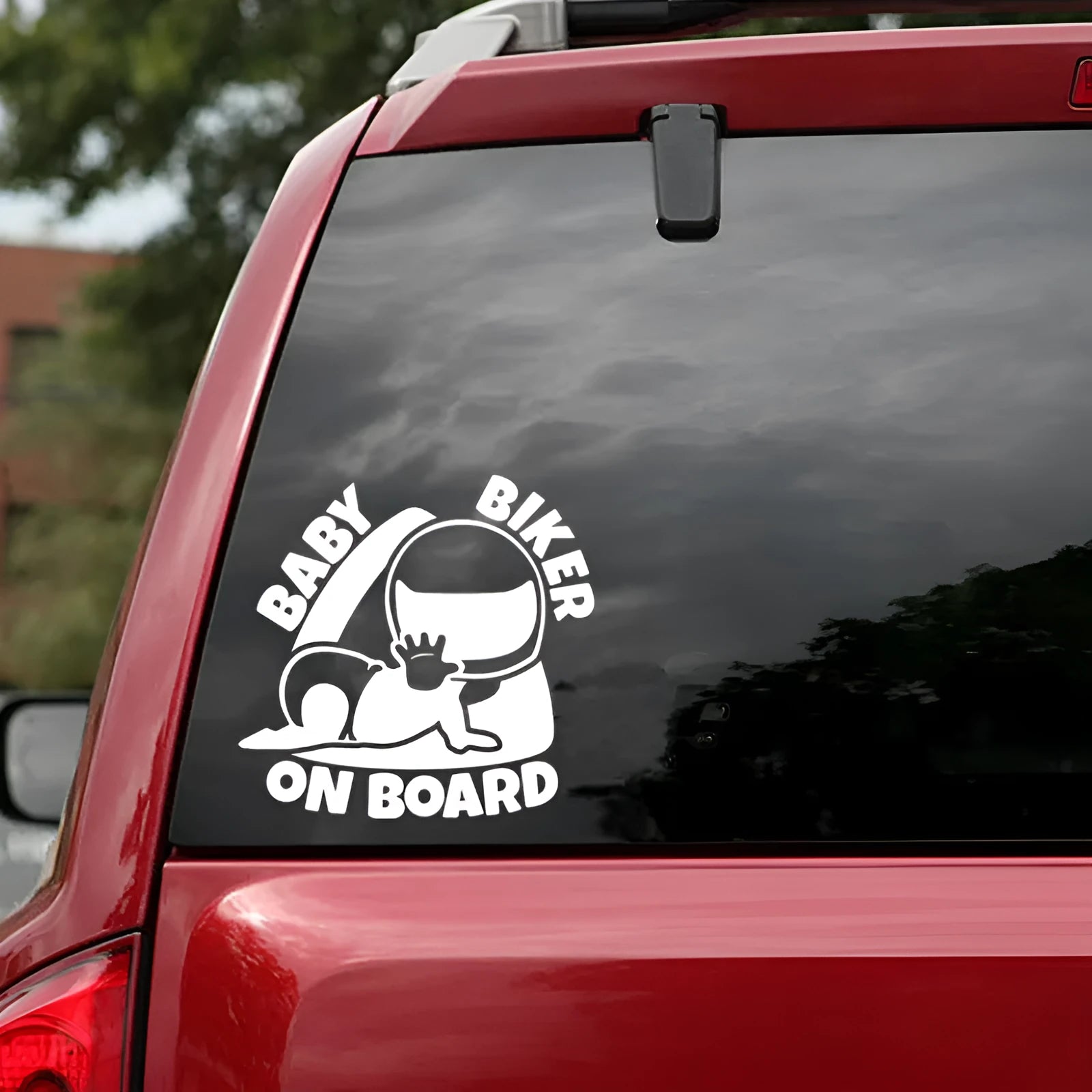 Black and white BABY ON BOARD reflective car sticker measuring 14.5 by 15 cm