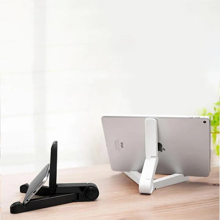 Black foldable tablet holder showing unfolded stand position with device placement area