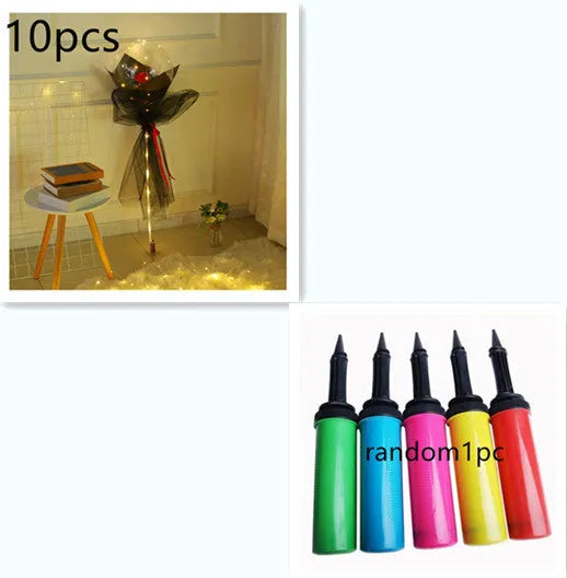 Transparent LED luminous balloon bouquet with artificial rose and glowing light inside, displayed as a DIY kit.