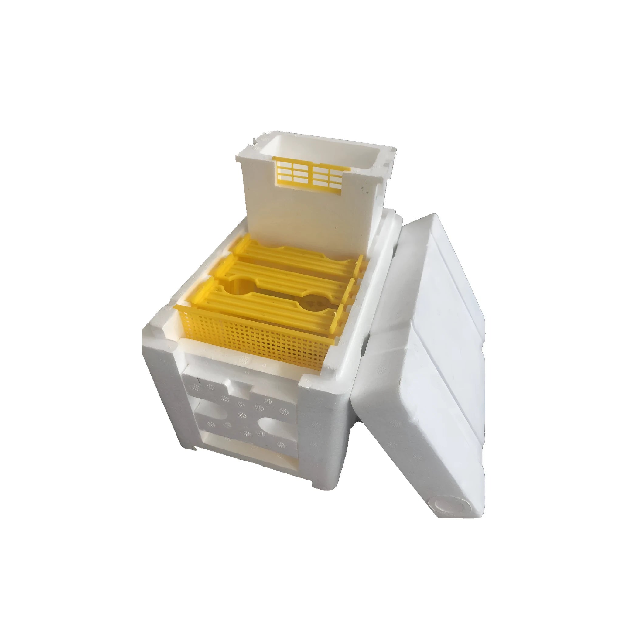 Three white EPS foam bee delivery boxes for hive mating and pollination transport