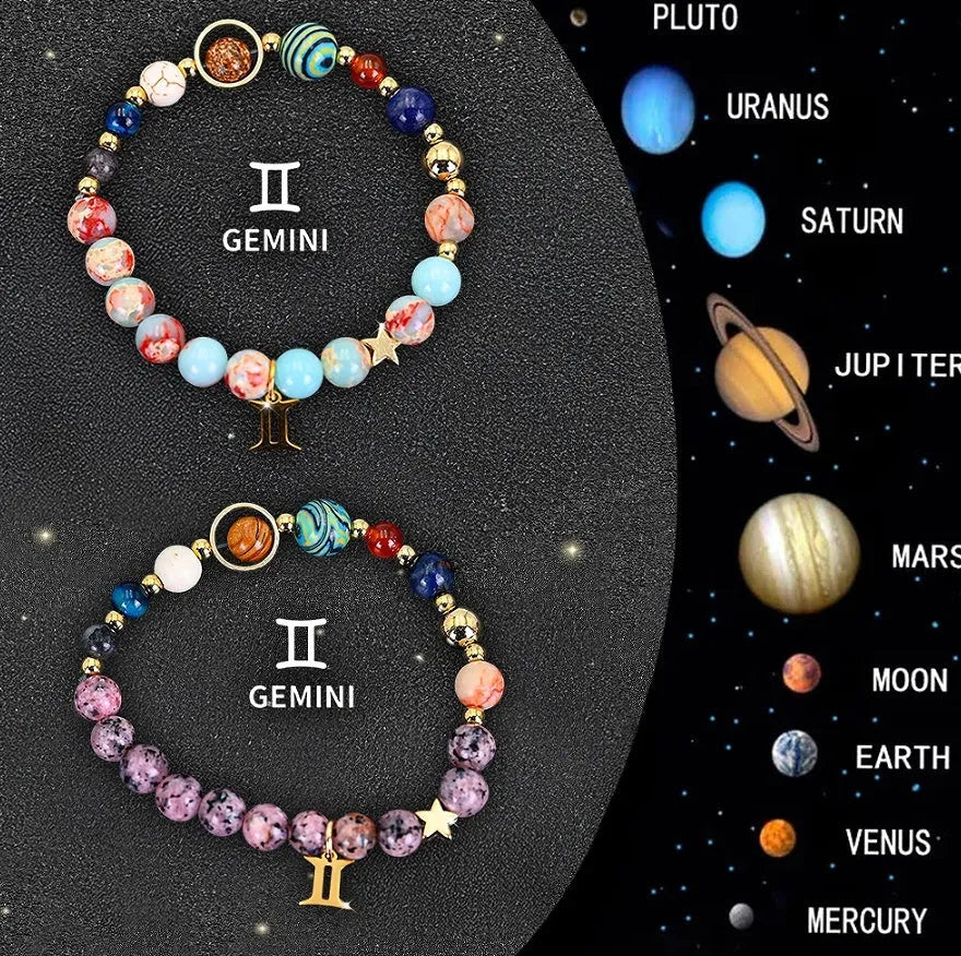 Two natural stone zodiac bracelets showing twelve different astrological styles on a neutral background