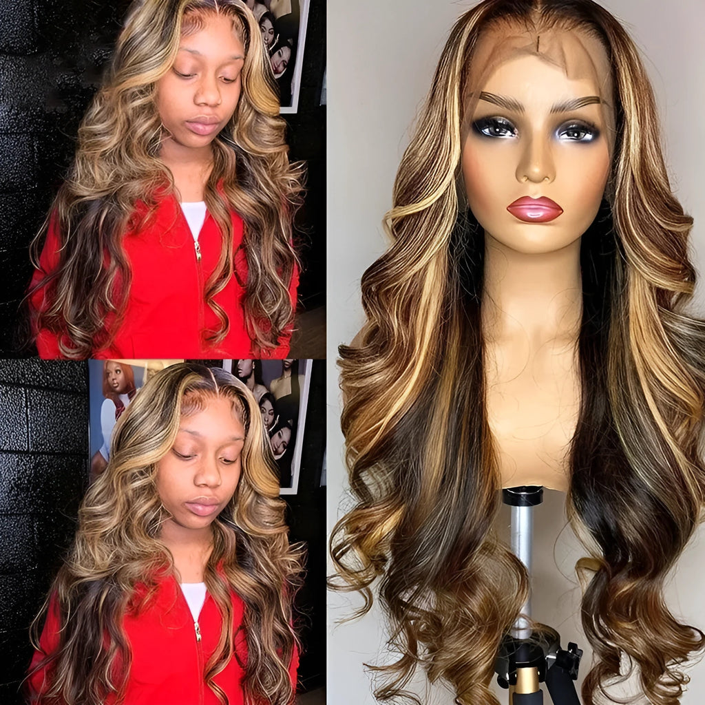 Long black to piano gradient curly front lace wig with side bangs, 134cm length.