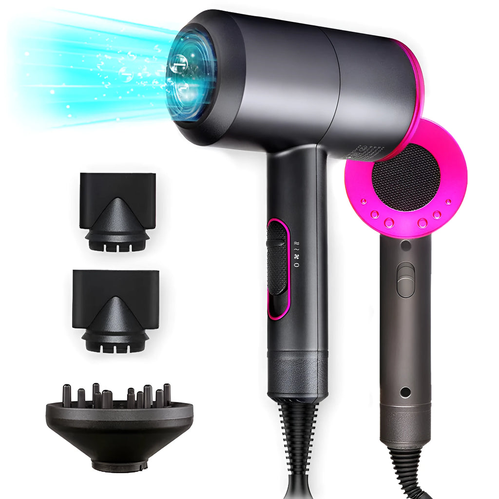 Professional black hotel hair dryer with long cable and worldwide voltage plug options