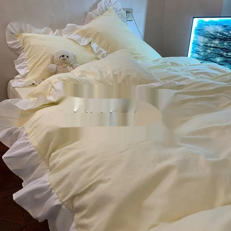 Mori style washed cotton four-piece bedding set in solid lace-creamy colour with quilt cover, sheet, and pillowcases