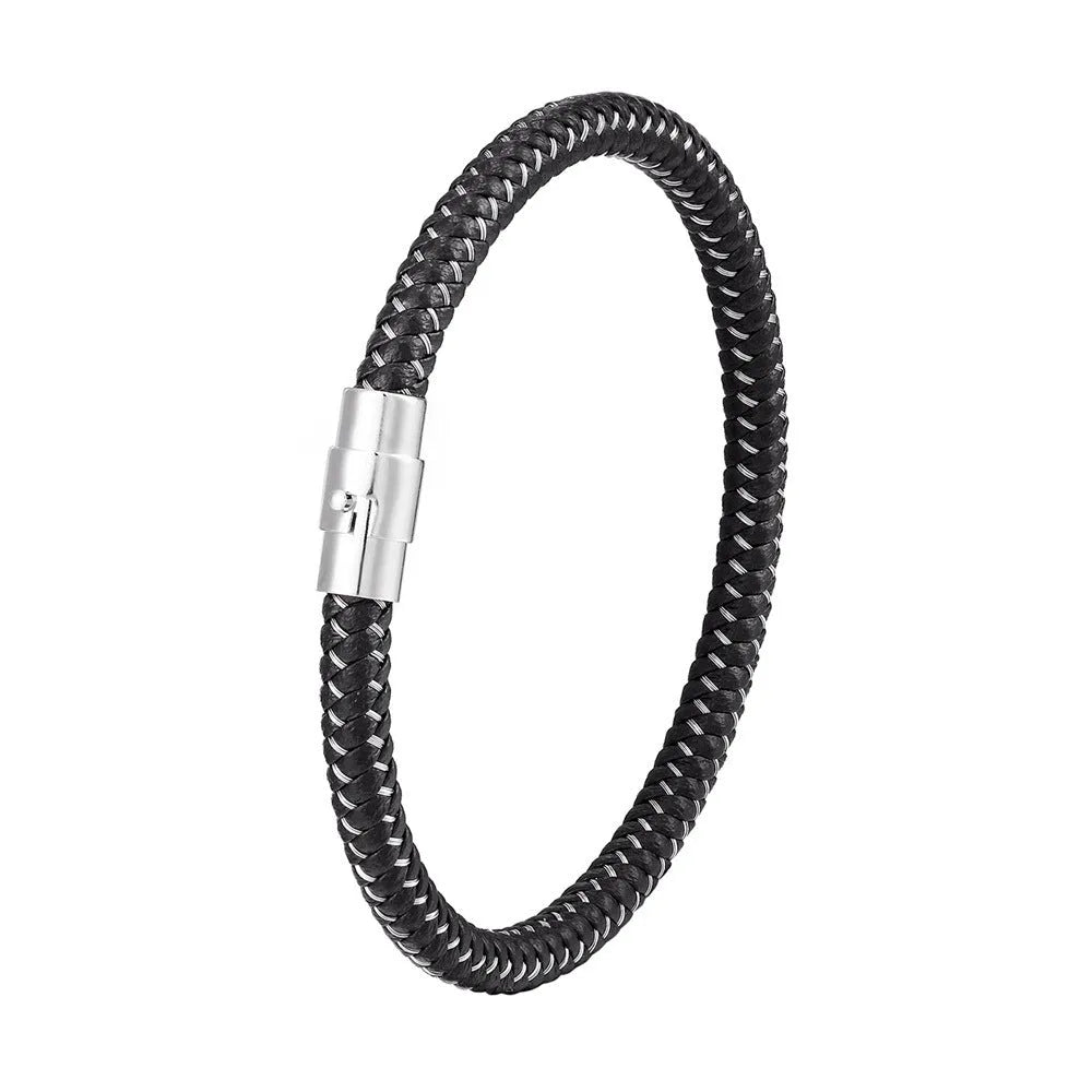 Men's titanium steel geometric wire bracelet with a magnetic clasp, shown in one of four available colour options.