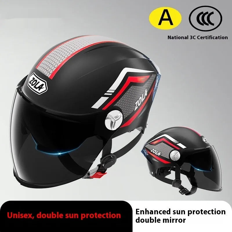Children's motorcycle half helmet with double mirror visor in light brown colour variant