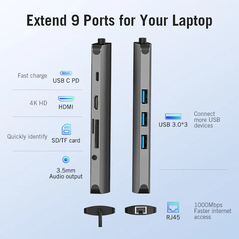 Deep grey Type-C multiport adapter with HDMI, USB 3.0, Ethernet, and memory card ports