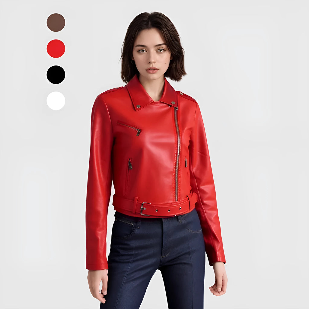 Women's red PU leather motorcycle jacket with short belt lapel and regular sleeves