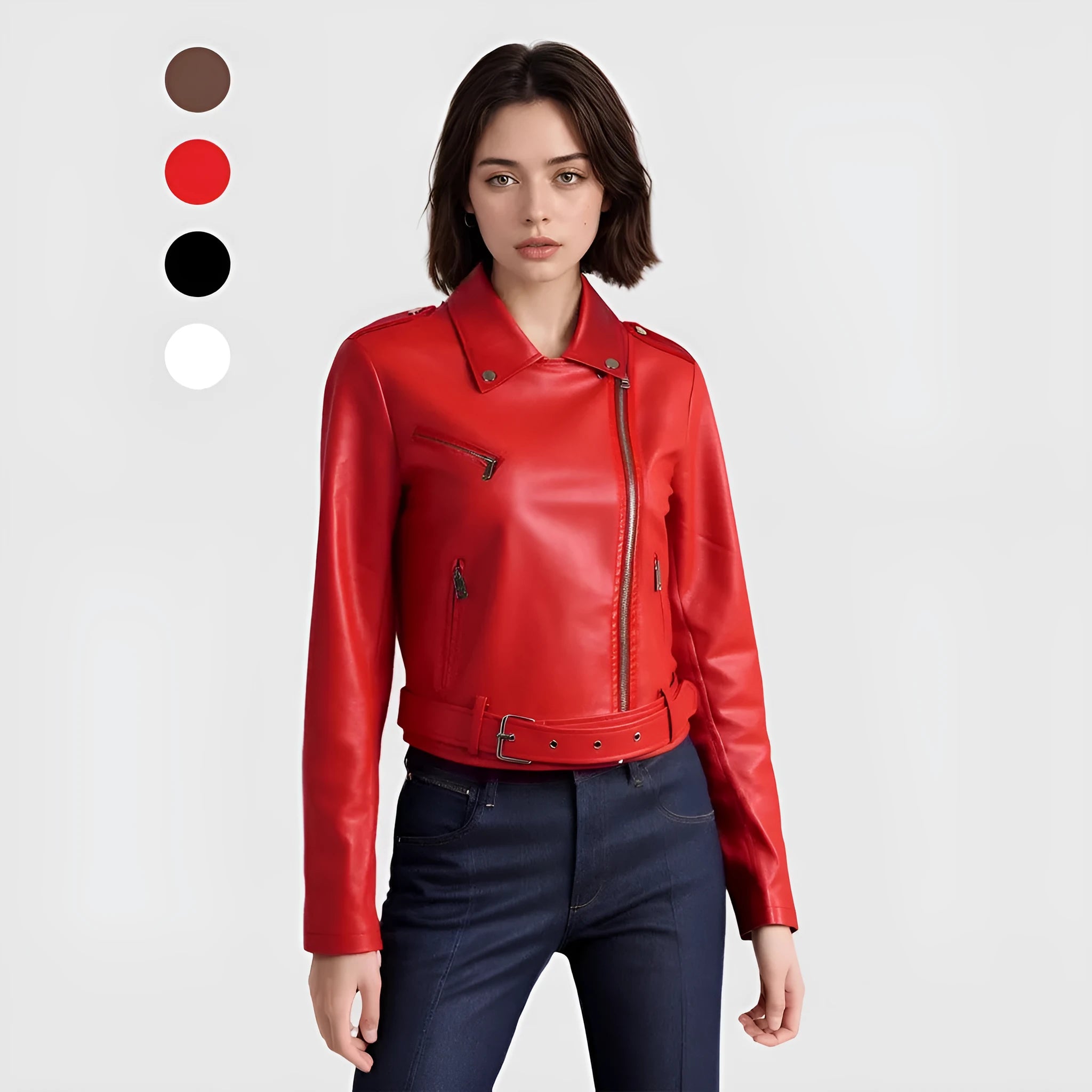 Women's red PU leather motorcycle jacket with short belt lapel and regular sleeves