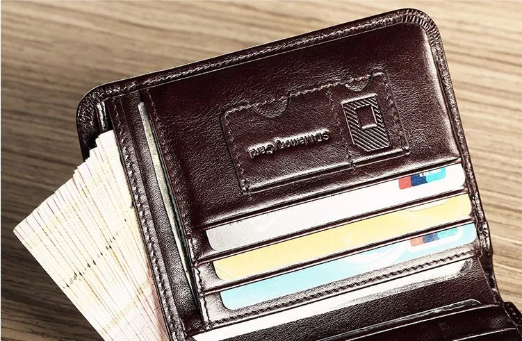 Men's leather wallet showing internal card slots, coin compartment, and document section