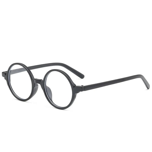 Retro round non-prescription glasses in bright black, sand black, tofu pudding and transparent grey colour options.