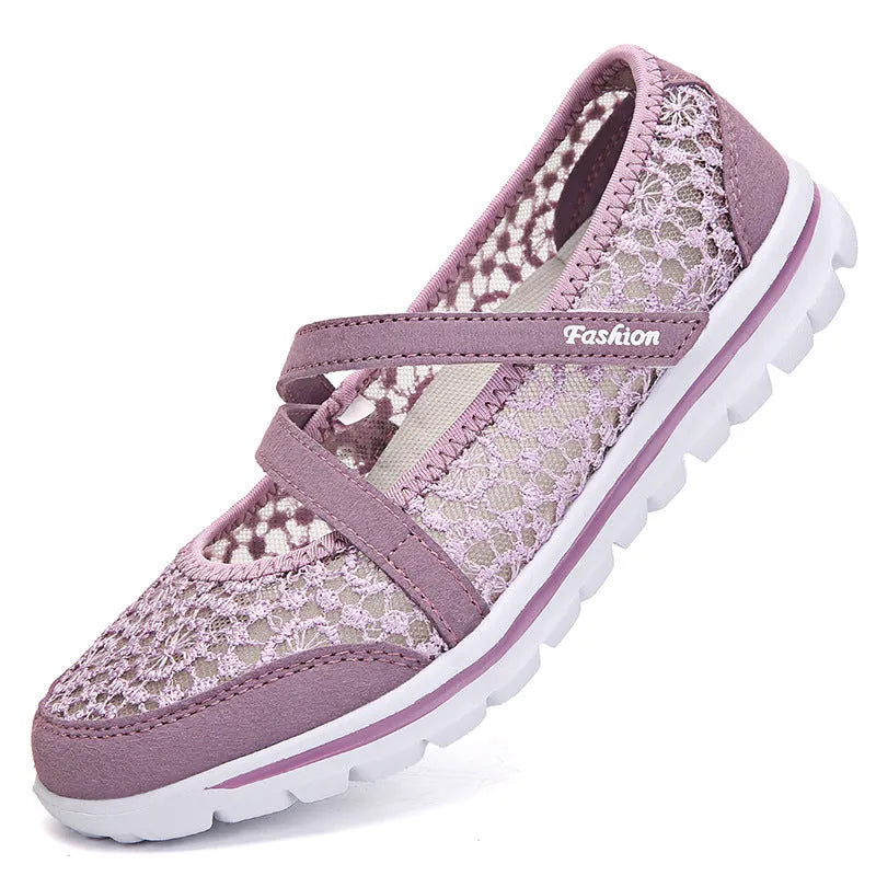 Women's mesh casual shoes in beige colour with round toe and flat heel design