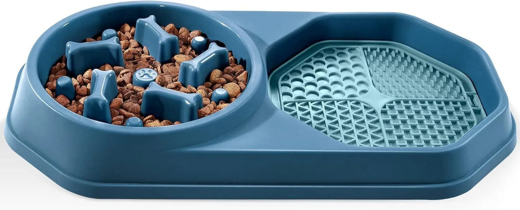 Blue slow feeder dog bowl with puzzle ridges and non-slip base for small medium dogs.