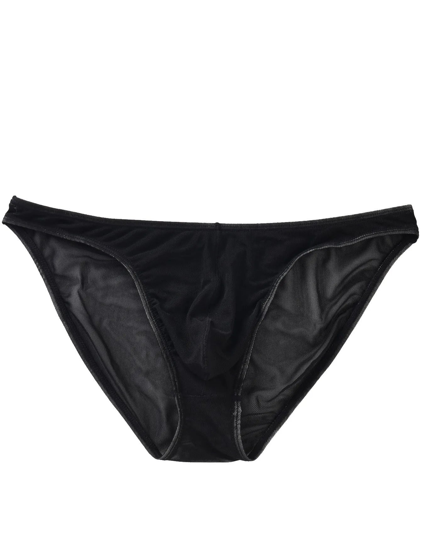 Men's black quick-dry nylon low waist triangle brief fashion shorts laid flat