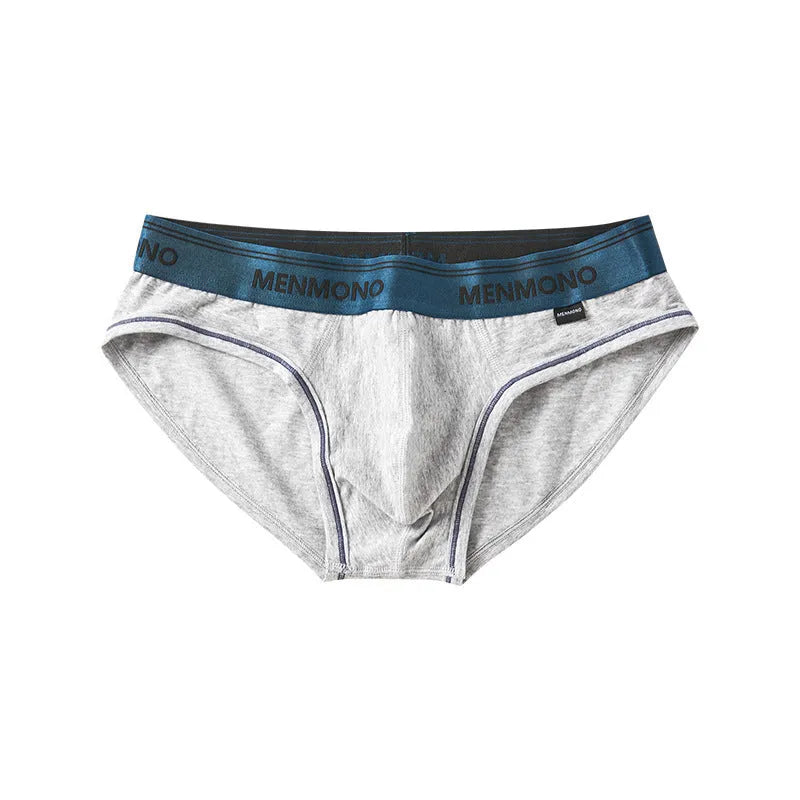 Men's low waist cotton briefs showing solid colour block design in various two-tone combinations.
