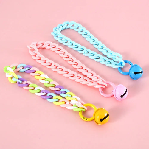 Macaron candy coloured plastic pet collar for cats, dogs, and rabbits in chain blue, pink, and mixed colours on a white background.