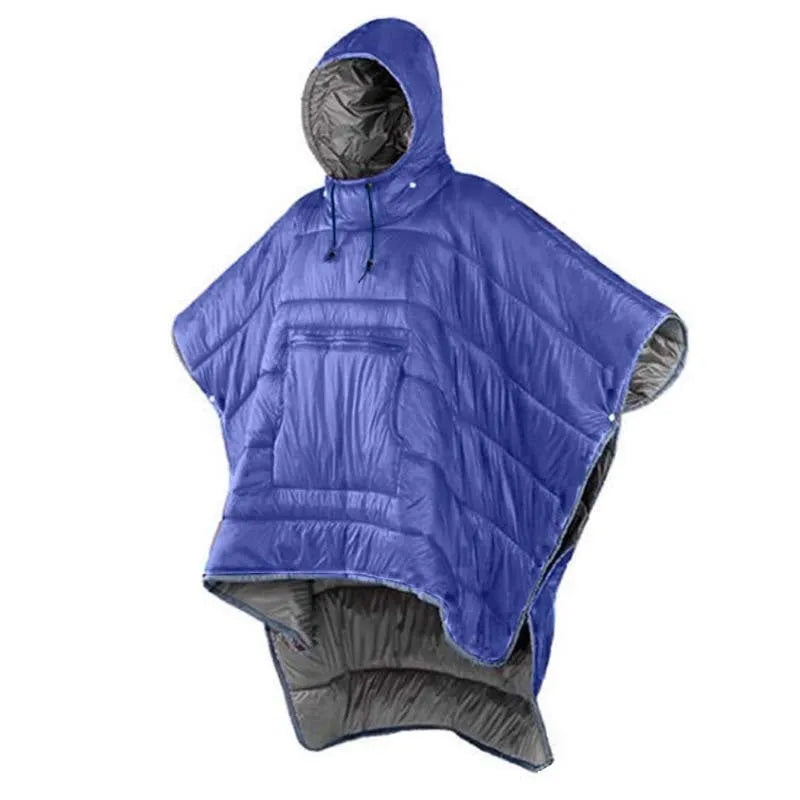 Grey outdoor cloak sleeping bag with hood showing transformation to wearable cape