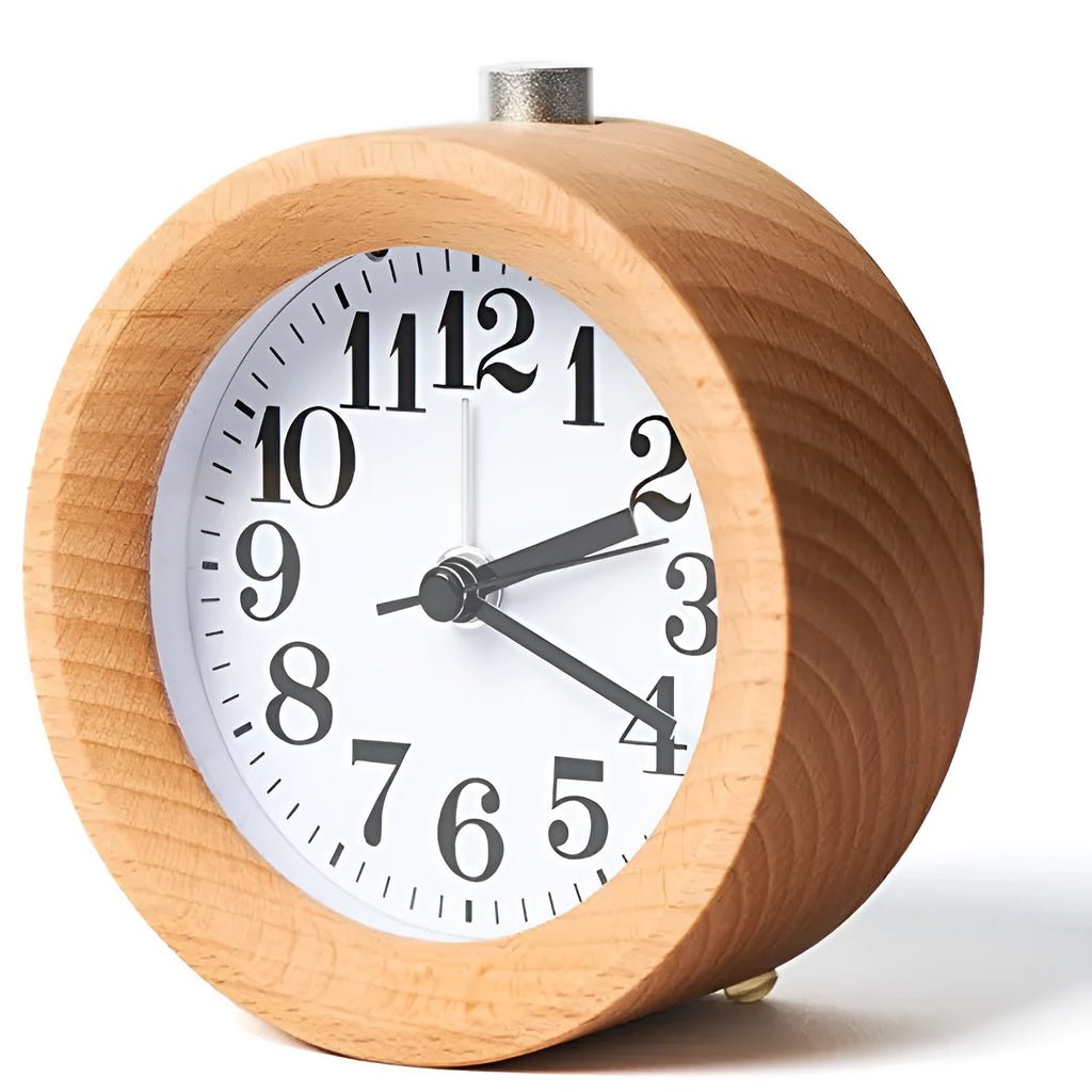 Solid beech wood traditional alarm clock with silent snooze function measuring 9.5cm in diameter