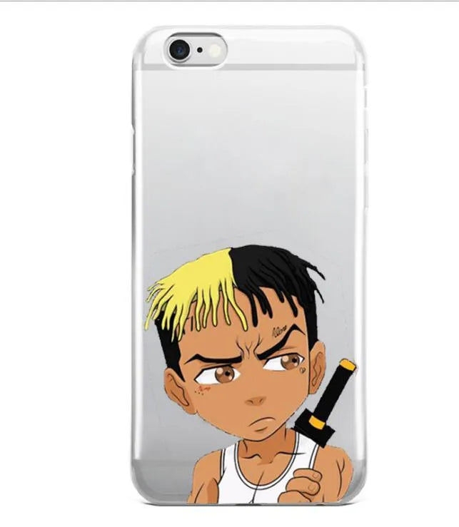 Half-wrapped transparent iPhone case with XXTentacion artwork design showing matte finish texture