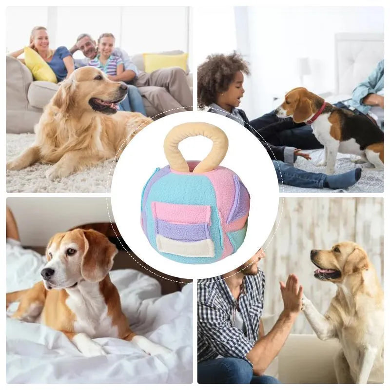 Green or pink polyester dog squeaky plush ball toy with treat pockets