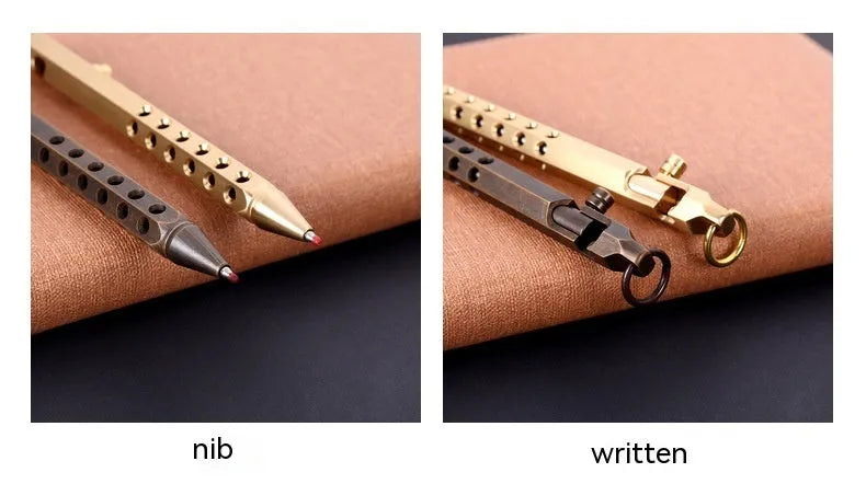 Brass hexagonal bolt pen showing six-sided shape and metallic construction with 0.5mm writing head