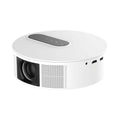 White 720p HD home projector with remote control on wooden surface