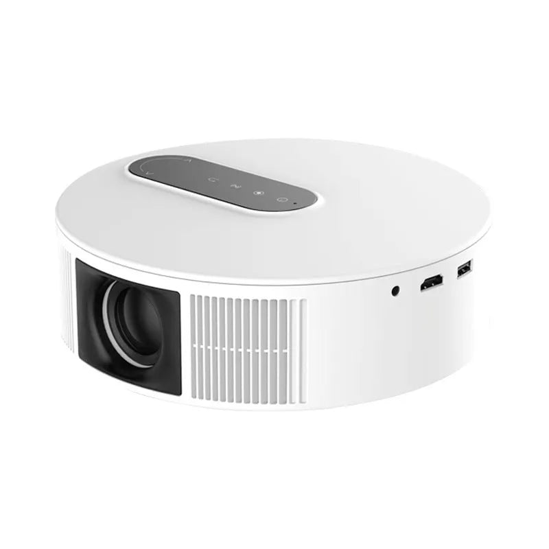 White 720p HD home projector with remote control on wooden surface