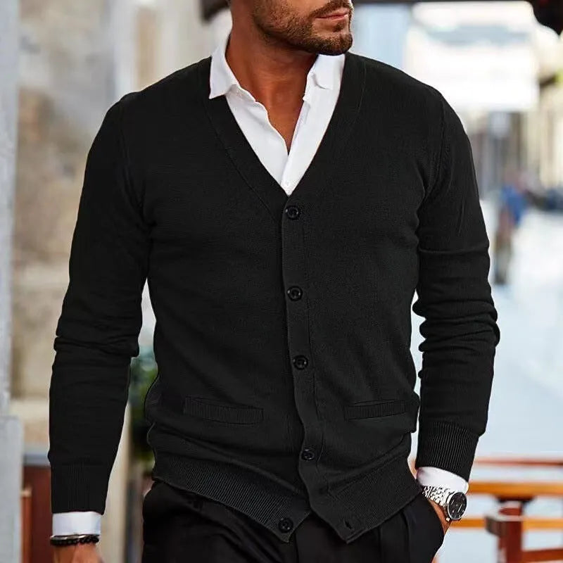 Men's slim fit acrylic cardigan sweater coat in various colours on a size chart background.