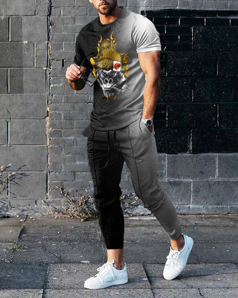 Men's short-sleeved pullover and trouser set in chemical fibre blend fabric for sports