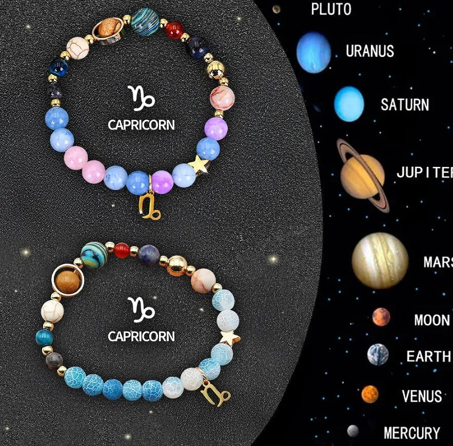 Two natural stone beaded bracelets with Chinese zodiac charms on elastic cord