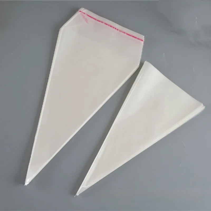 Triangle-shaped clear plastic packaging bag with a metallic tie wire closure.