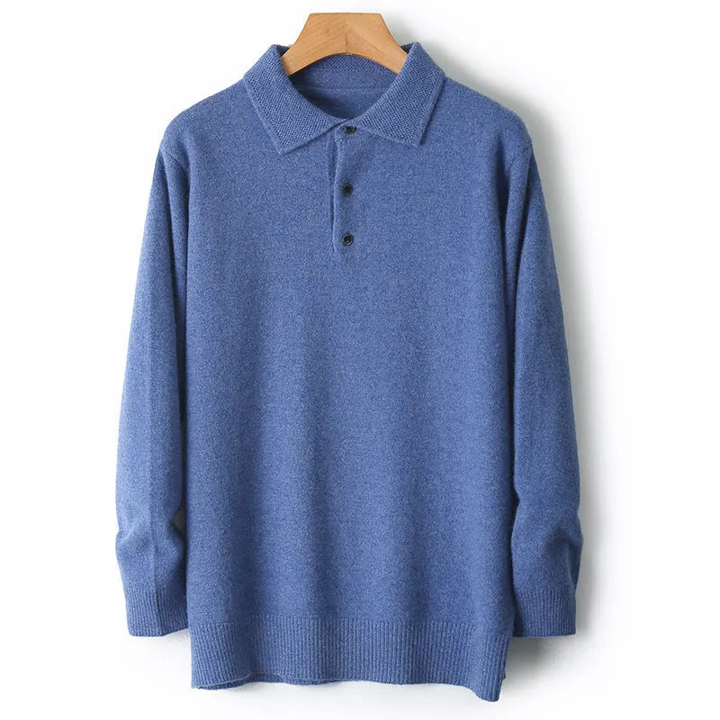 Men's grey wool blend pullover sweater with a polo collar and long sleeves laid flat