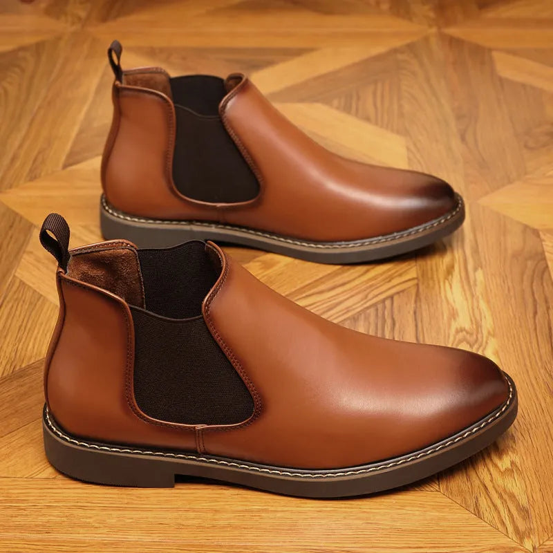 Men's black formal pointed-toe leather boots with a square heel on a white background