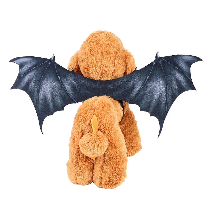 Black cloth bat wings pet costume accessory shown in three sizes for Halloween