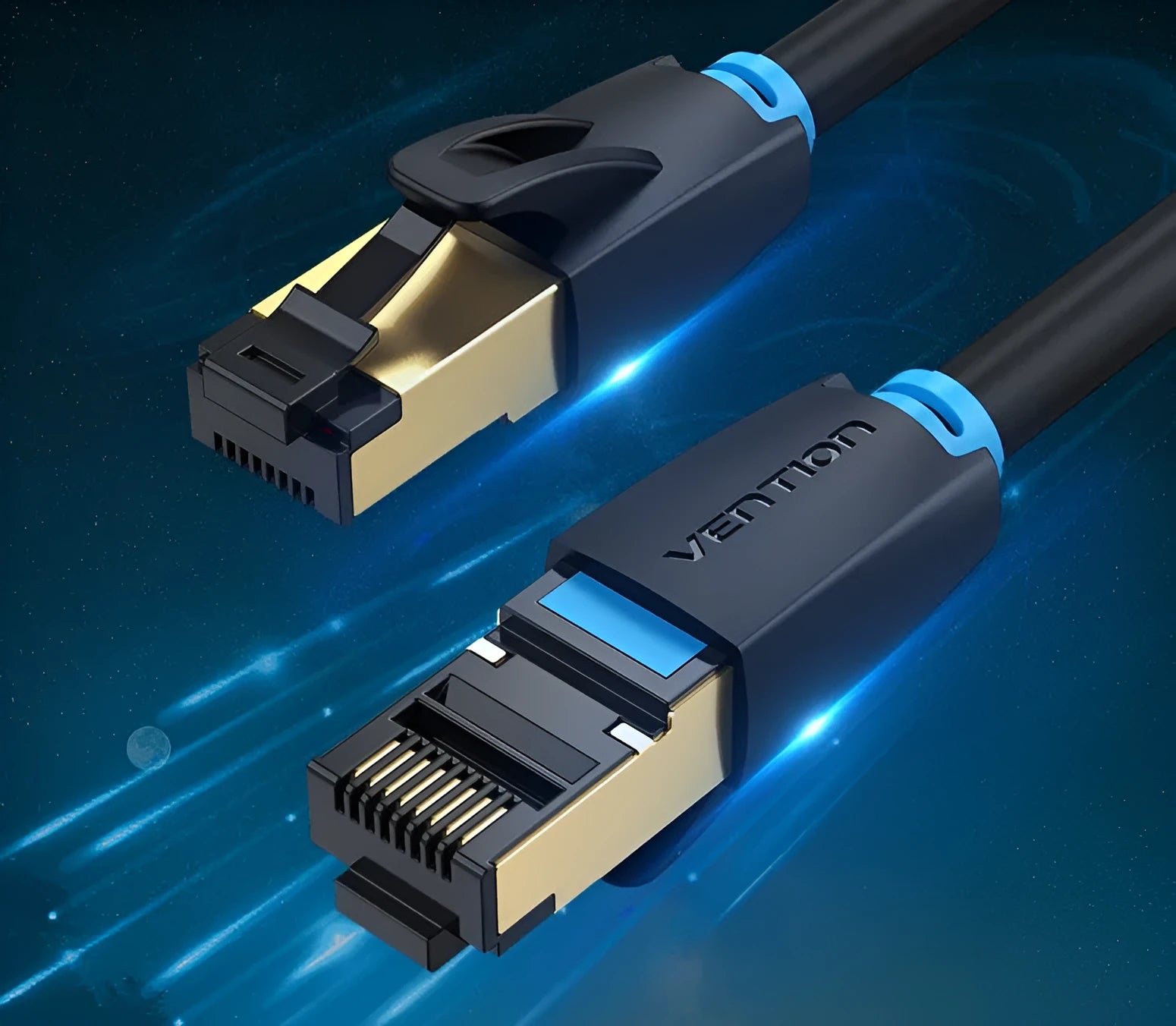 CAT8 shielded Ethernet network cable with RJ45 connectors, available in flat and round styles.