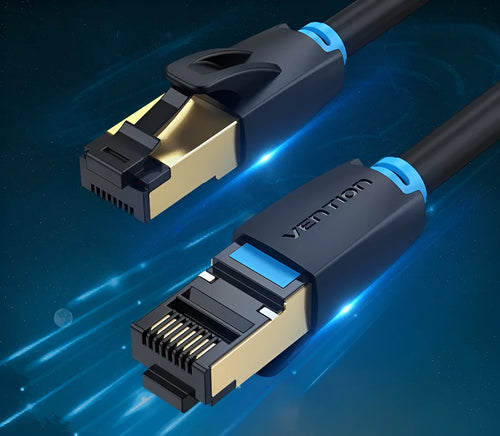 CAT8 shielded Ethernet network cable with RJ45 connectors, available in flat and round styles.