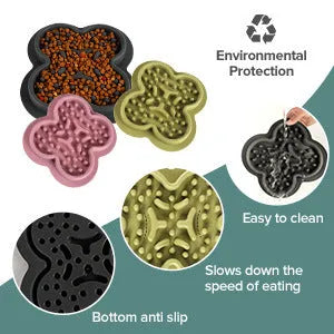 Silicone pet slow feeder licking mat in green colour with textured surface and non-slip base.
