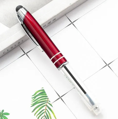 Red metal multifunctional pen with capacitive stylus tip, ballpoint, and LED light