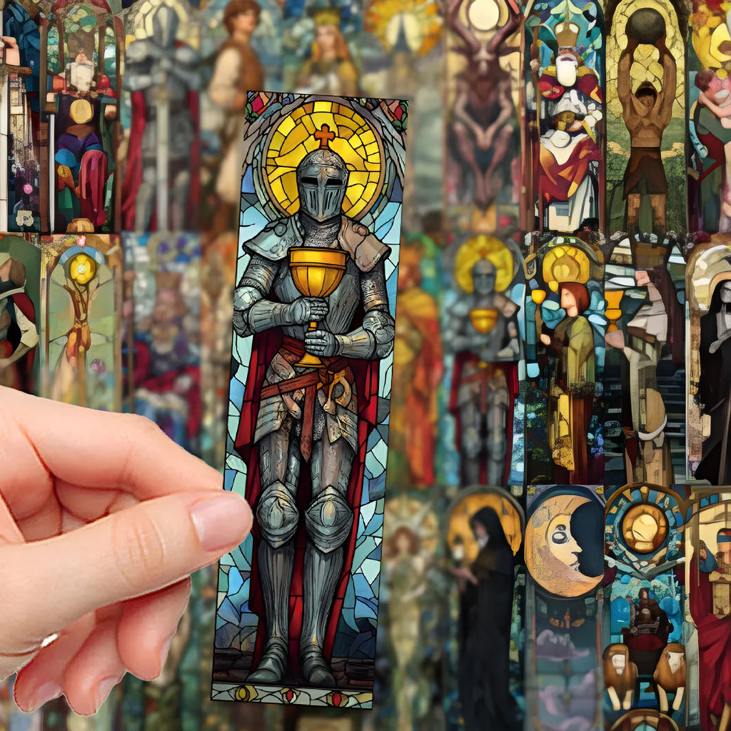 Pack of 30 tarot-themed paper bookmarks with painted glass style artwork.